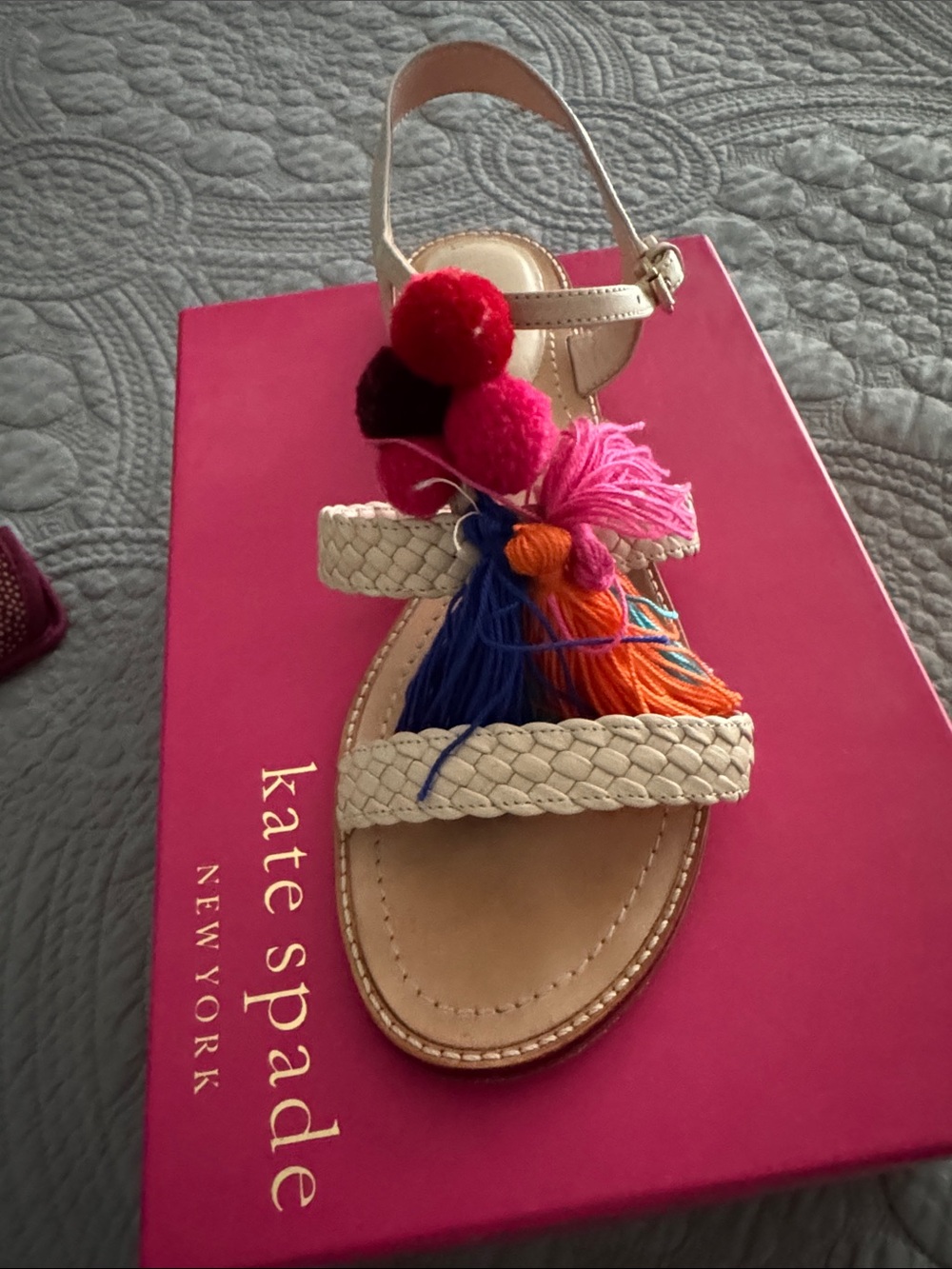kate spade Beige Braided Pom-Pom Tassel Sandals with Multicolor Accents - Picture 2 of 4